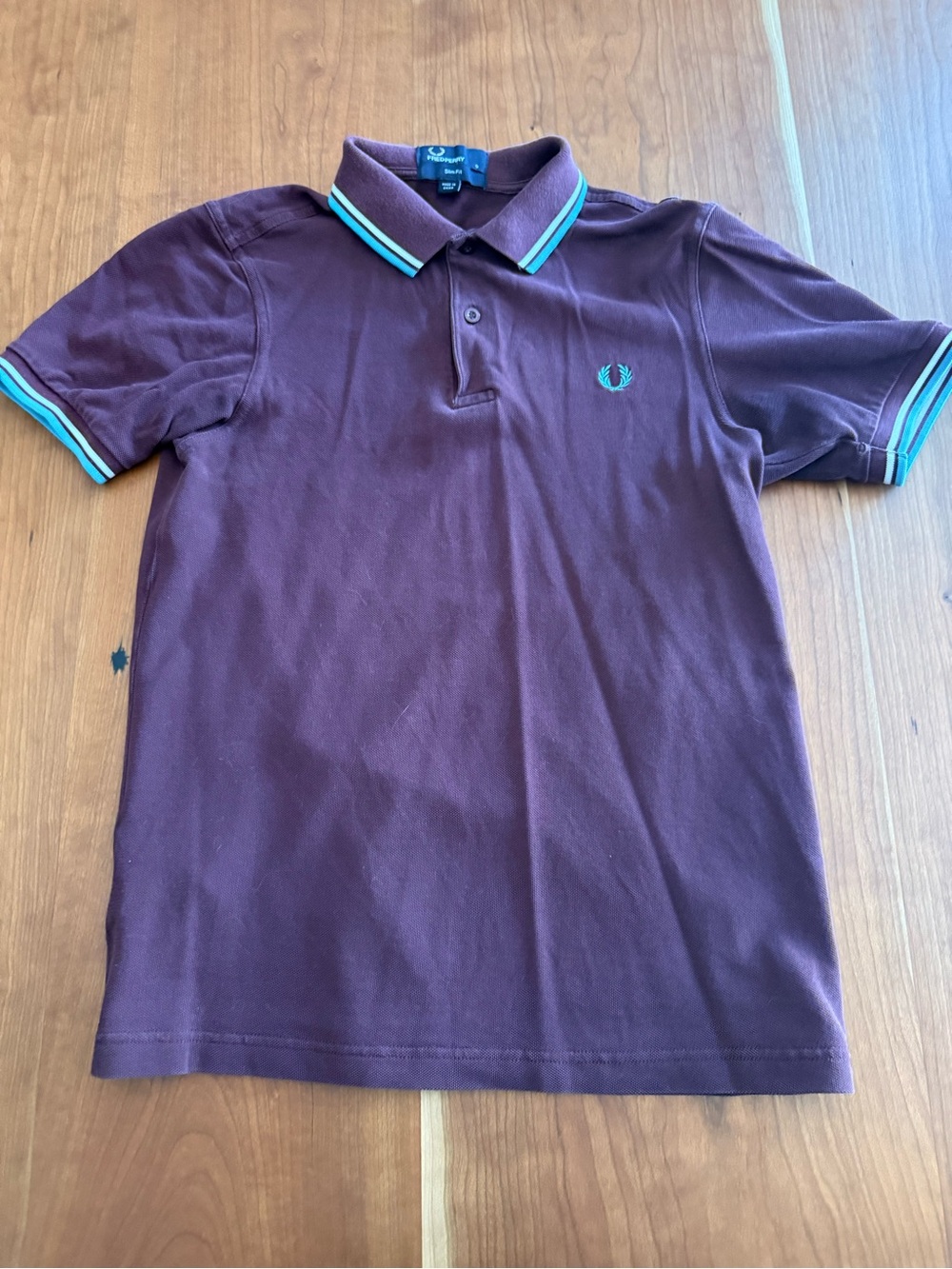 Fred Perry Men's Burgundy Polo with Aqua and white Contrast Trim